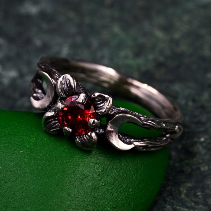 Celestial Crescent Engagement Ring – Lunar Trinity Garnet Ring, Mystic Silver Moon Trio, Triple Goddess Garnet Ring