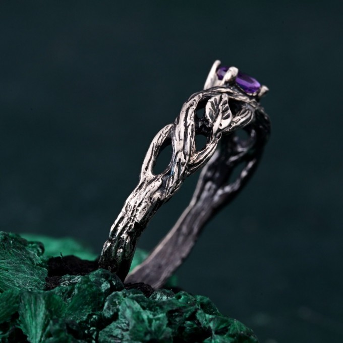 Leafy Branch with Amethyst Ring – Nature's Gemstone Adornment