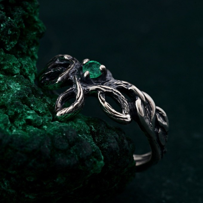 Delicate Leaf Braid with Wood Bark Branch Weave – One-of-a-Kind Silver Fairy Engagement Ring
