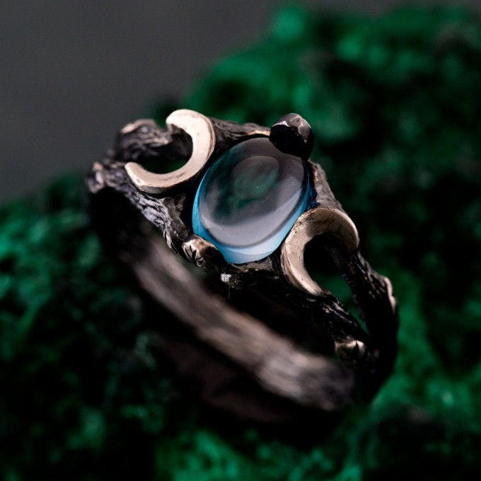 Silver Moon Phase Ring with Blue Gemstone: Enchanted Forest Bohemian Wedding Band