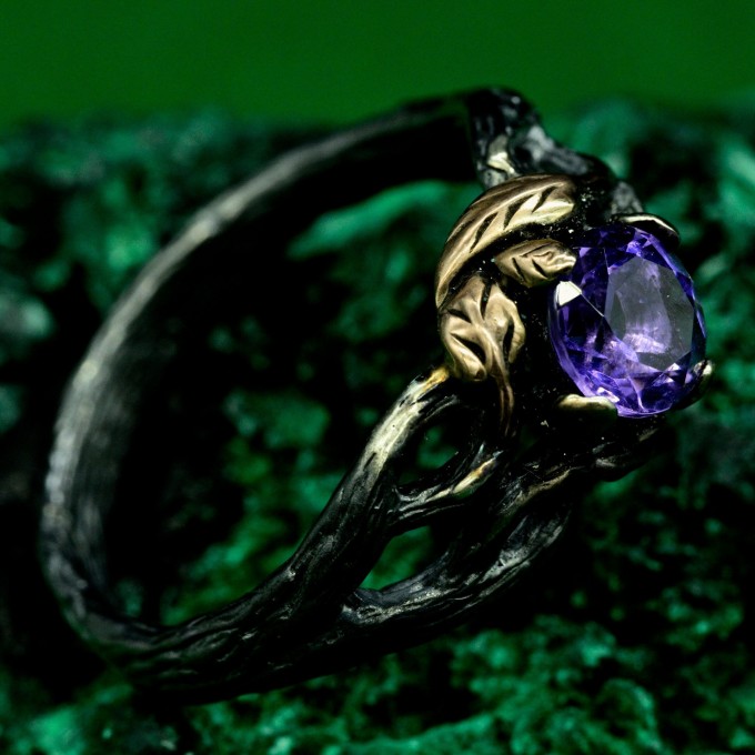 Mystical Forest Ring with Amethyst and Leafy Blossom Design