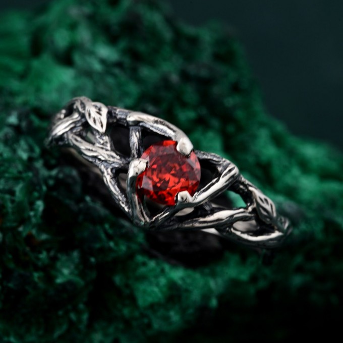 Garnet Nature-Inspired Branch Ring - Unique Silver Engagement Ring for Her