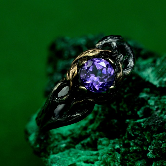 Mystical Forest Ring with Amethyst and Leafy Blossom Design