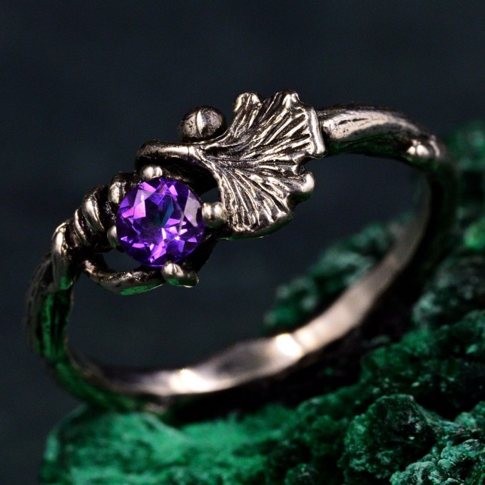 Silver Twig and Ginkgo Biloba Leaf Engagement Ring: Nature-Inspired Elvish Bridal Ring