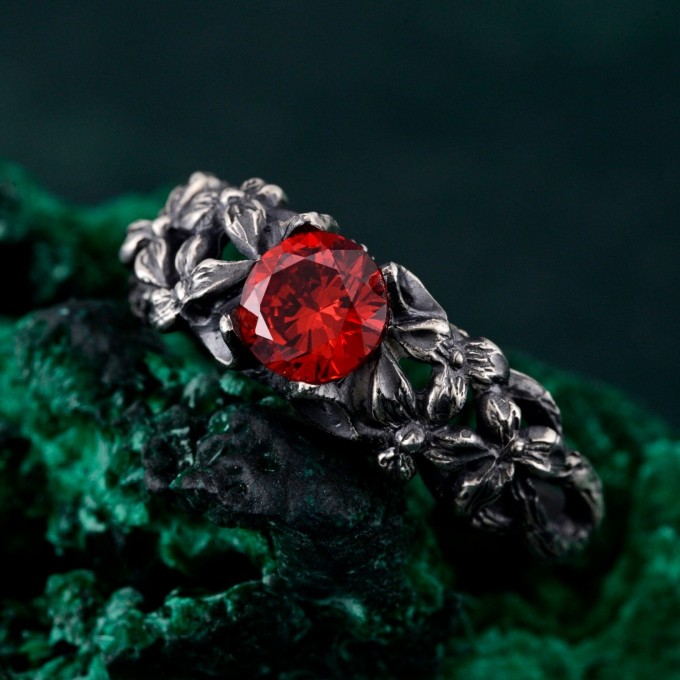 Gothic Silver Ring with Garnet and Floral Design
