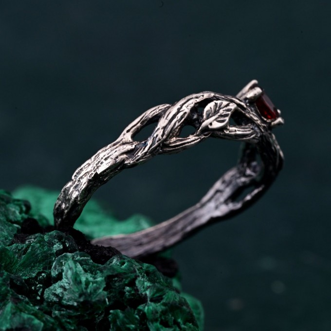 Leafy Branch with Garnet Ring – Nature-Inspired Silver Twig Jewelry