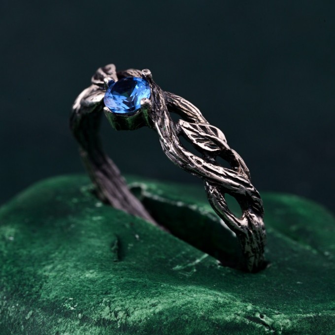 Leaves of Serenity: Gothic Blue Gemstone Ring