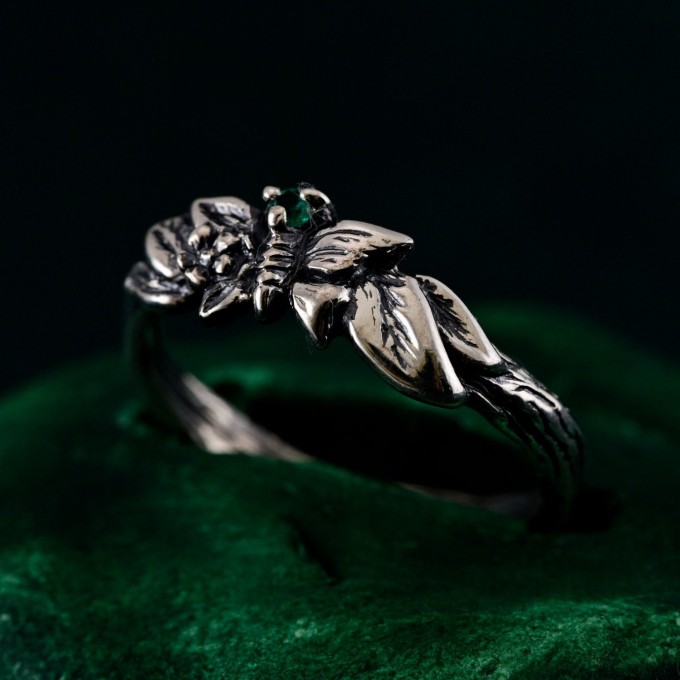 Unique Emerald Twig Engagement Ring – Sterling Silver Nature-Inspired Ring, Whimsical Butterfly Design, Artisan Crafted Jewelry
