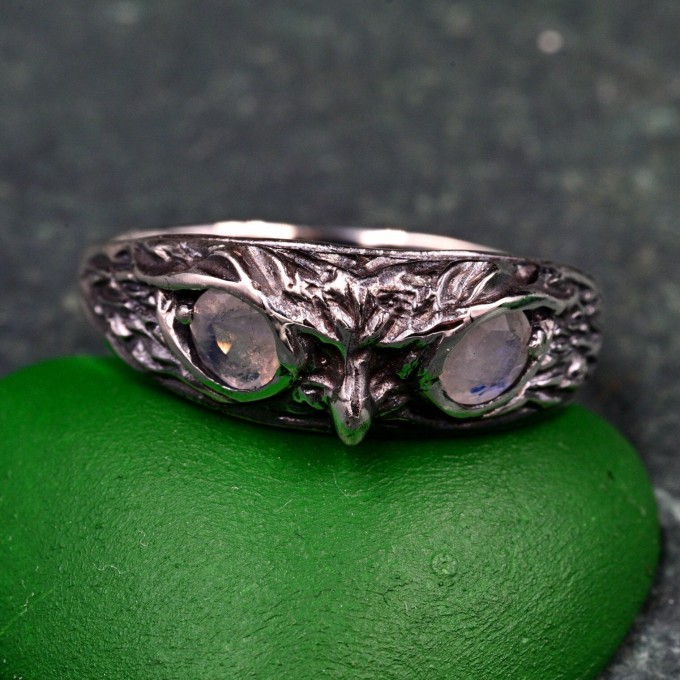 Gothic Silver Ring with Twin Moonstones and Nature Motif