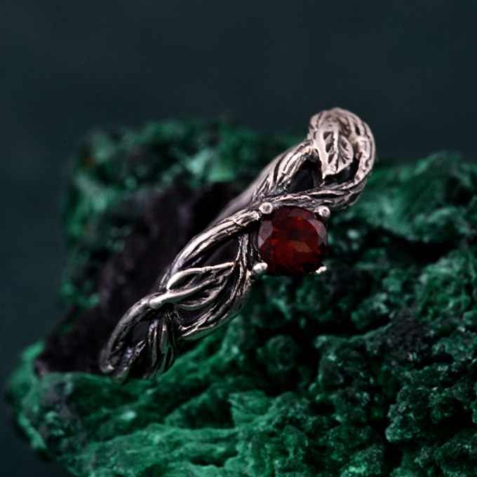 Silver Twig Branch Ring with Garnet Accent - Nature's Gemstone Adornment