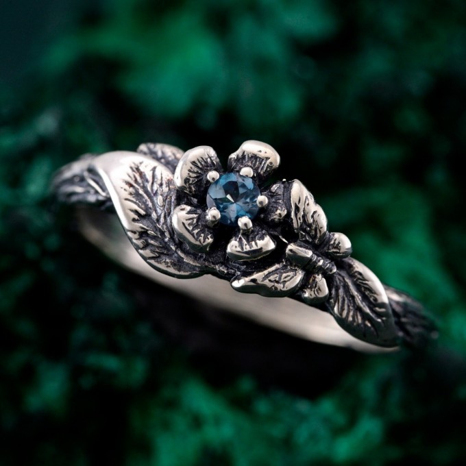 Floral Sterling Silver Ring with Blue Topaz