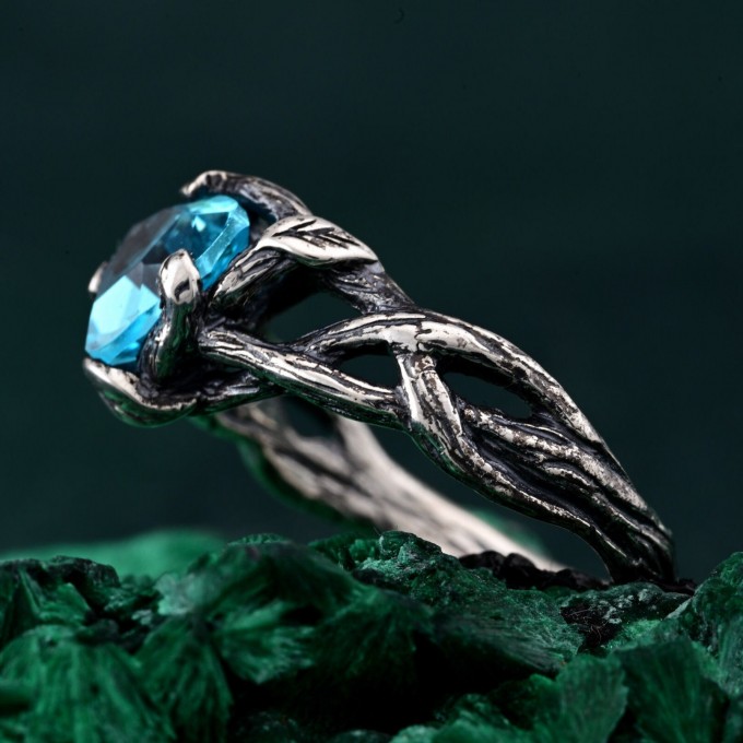 Handcrafted Topaz Leaf Ring – Artisan Silver Branch Design for Nature Lovers