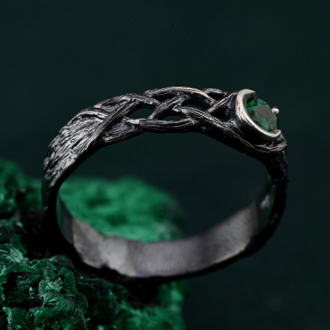 Enchanted Emerald Moon Ring with Whimsical Forest Branch Design