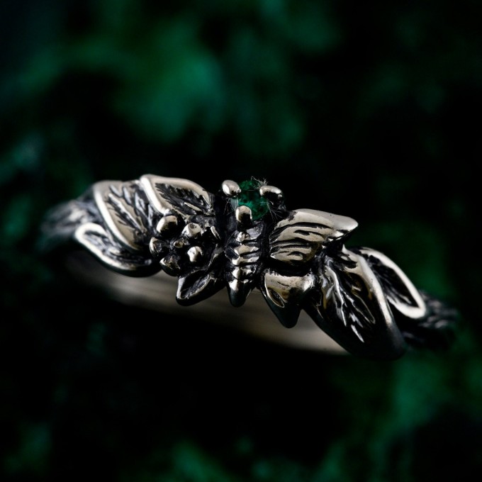 Unique Butterfly Engagement Ring – Nature-Inspired Design with Emerald, Twig Engagement Ring in Sterling Silver