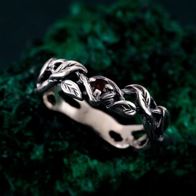 Garnet Twig Silver Ring - Adorned Branch Design