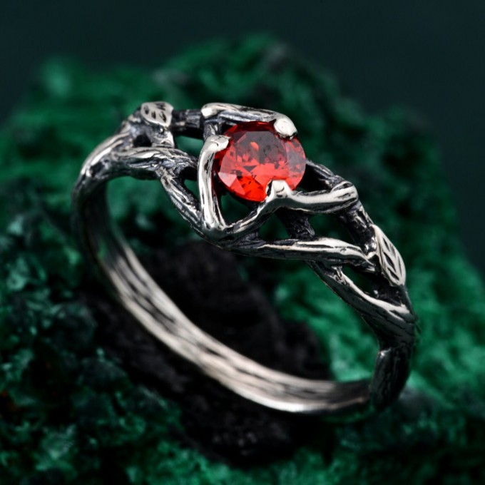 Garnet Nature-Inspired Branch Ring - Unique Silver Engagement Ring for Her