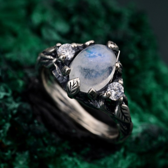 Silver Fairy Engagement Ring: Ethereal Forest Design with Tree Bark Band