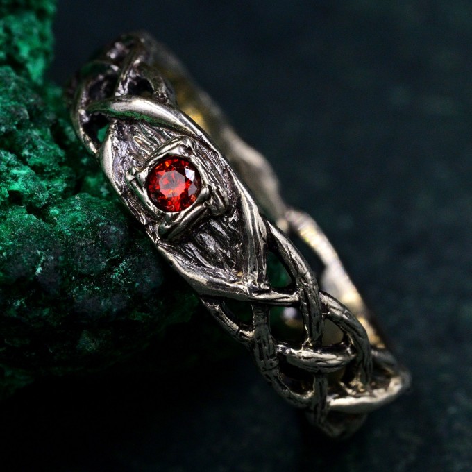 Wide Celtic Wedding Ring – Tree Bark Pattern with Garnet, Vintage Style Garnet Ring, Men's and Women's Wedding Band