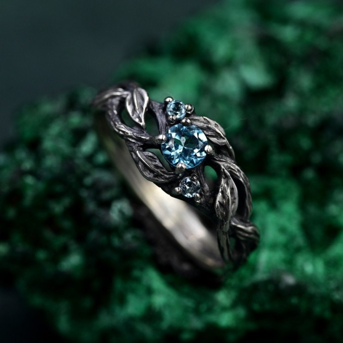 Whispering Leaves: Gothic Blue Topaz Ring