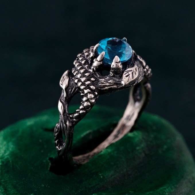 Azure Coil: Gothic Snake Ring with Blue Topaz