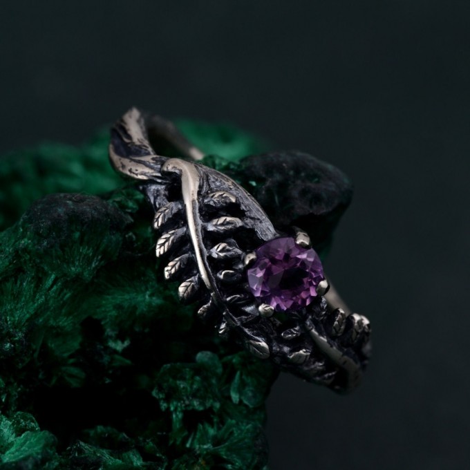 Amethyst Fern Branchlet Ring - Whispering Fern Ring with Graceful Twig and Woodland Design