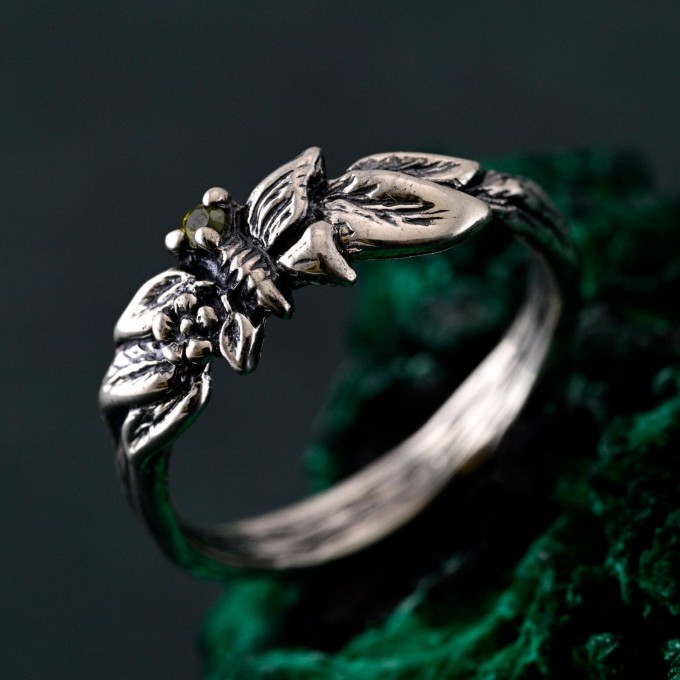 Enchanted Forest Peridot Twig Ring with Unique Butterfly Design