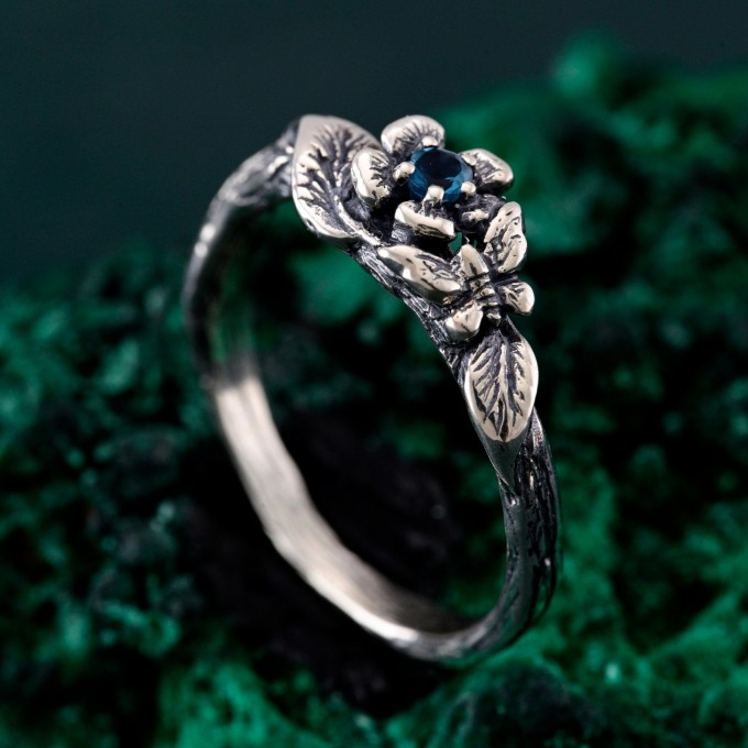 Floral Sterling Silver Ring with Blue Topaz