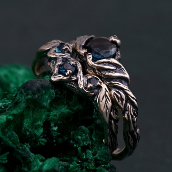 Elven Silver Ring Set with London Blue Topaz – Nature-Inspired Bridal Set, Enchanted Forest Stackable Rings, Mystical Twig Leaf Design