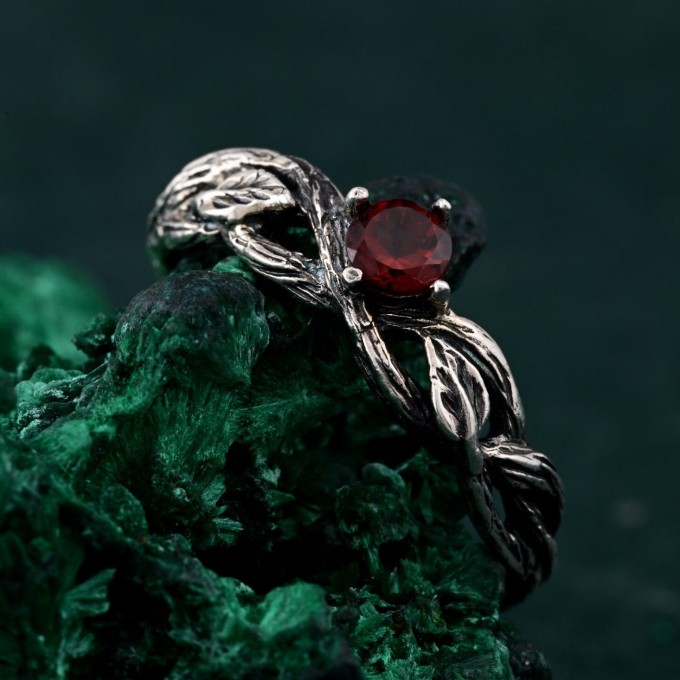 Leafy Branch with Garnet Ring – Nature-Inspired Silver Twig Jewelry