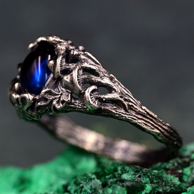 Forest Ring with Oval London Topaz and Sterling Silver Mushroom Design