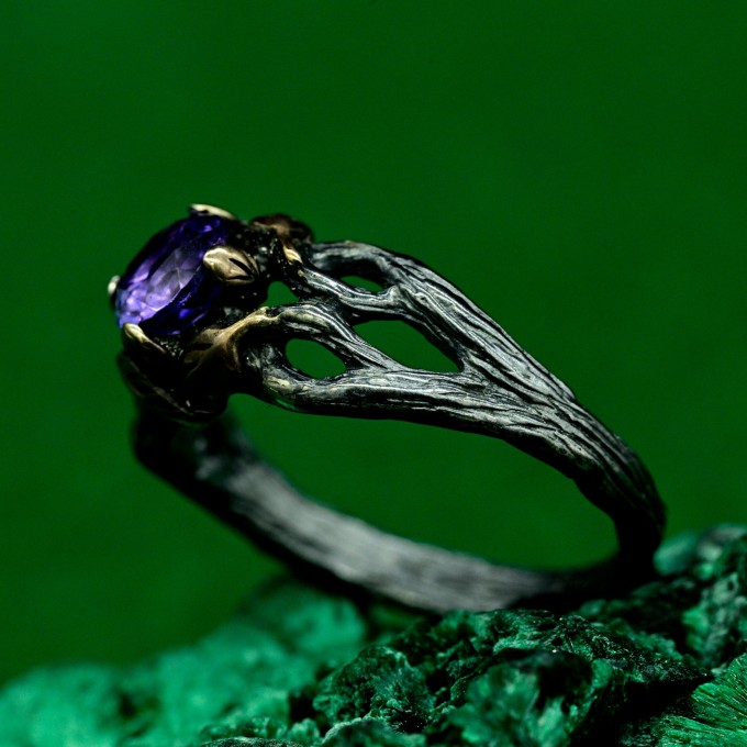 Mystical Forest Ring with Amethyst and Leafy Blossom Design