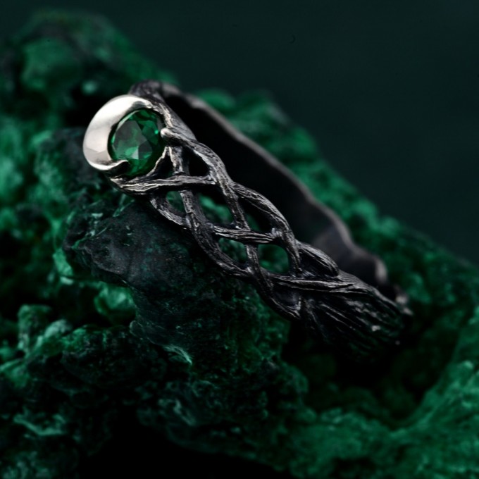 Enchanted Emerald Moon Ring with Whimsical Forest Branch Design
