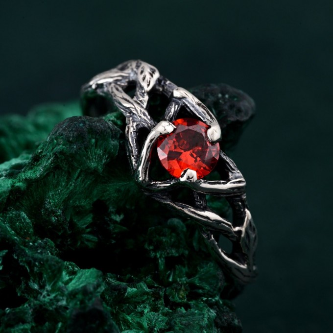 Silver Nature Ring: Garnet Branch-Inspired Engagement Ring for Her