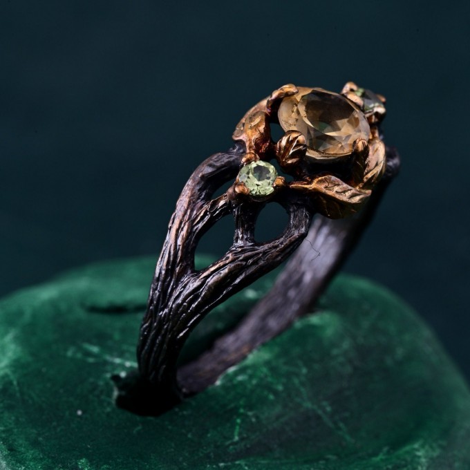 Citrine & Peridot Branch Ring - Nature-Inspired Unique Engagement Ring