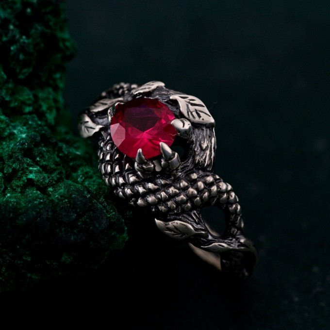 Elegant Ruby Serpent Ring – Mythical Silver Dragon Design, Unique Artisan Jewelry