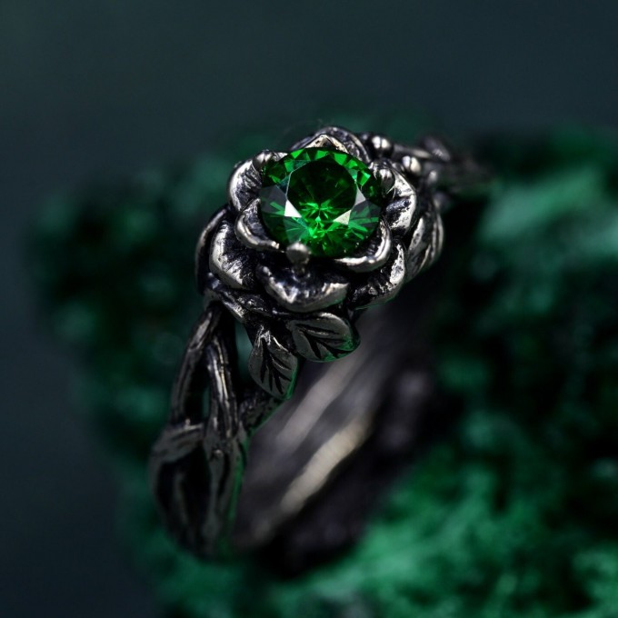 Enchanted Forest Emerald Ring - Whimsical Celtic Twig & Lotus Wedding Band