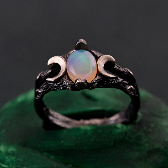 Silver Moon Phase Ring with Opal: Boho Celestial Wedding Band with Enchanted Forest Design