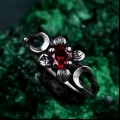 Gothic Silver Ring with Garnet and Moon Phases Design