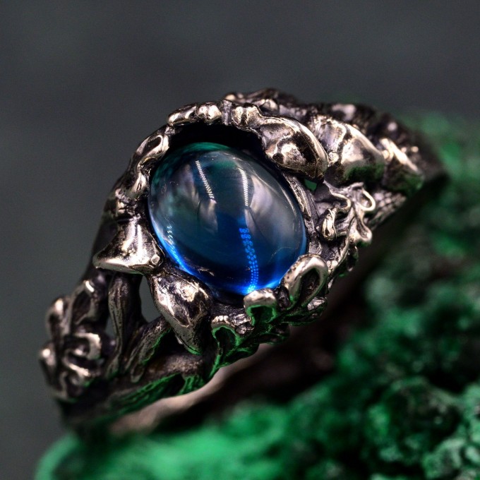 Forest Ring with Oval London Topaz and Sterling Silver Mushroom Design
