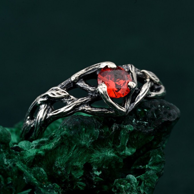 Garnet Nature-Inspired Branch Ring - Unique Silver Engagement Ring for Her