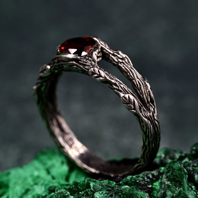 Unique Garnet Celtic Ring – Double Branch Design, Woodland Nature Engagement Ring in Alternative Fairy Style for Women