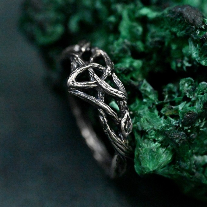 Enchanted Forest Silver Ring - Handcrafted Unique Design with Leaf and Triskele Accents