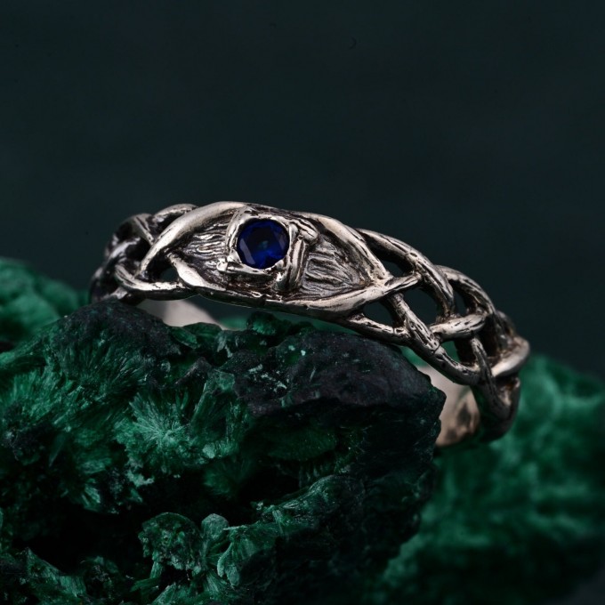 Celtic Pattern Wedding Band with Sapphire - Unique Tree Bark Texture Ring for Couples