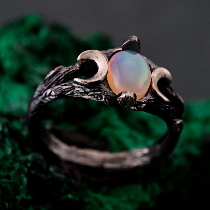 Silver Moon Phase Ring with Opal: Boho Celestial Wedding Band with Enchanted Forest Design