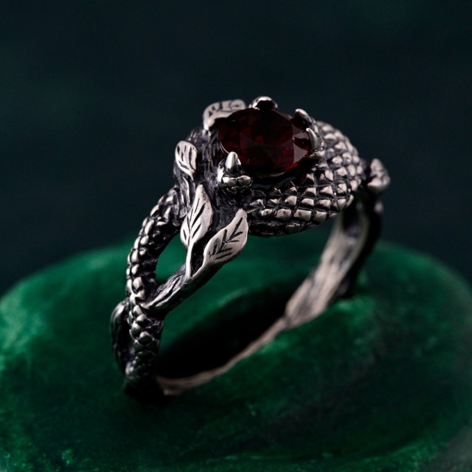 Garnet Serpent Ring with Vintage Dragon Scale Design