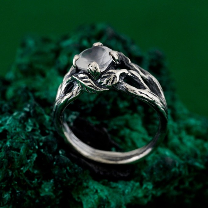 Gothic Silver Ring with Moonstone and Organic Design