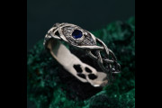 Celtic Pattern Wedding Band with Tree Bark Texture and Sapphire Stone, Unique Men and Women Wedding Ring