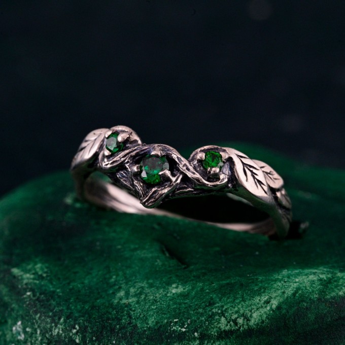 Emerald Engagement Band – Wooden Wedding Branch, Forest Wedding Ring, Branch of Love, Wooden Harmony Wedding Band