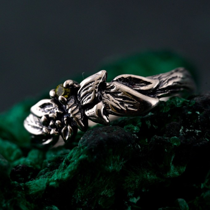 Unique Peridot Twig Engagement Ring - Nature-Inspired Sterling Silver Design with Butterfly