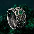 Gothic Silver Ring with Emerald and Sunburst Motif
